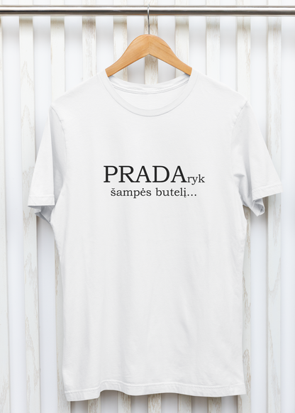 Marškinėliai „PRADAryk šampės butelį“ – priekinė pusė su linksma šventine fraze